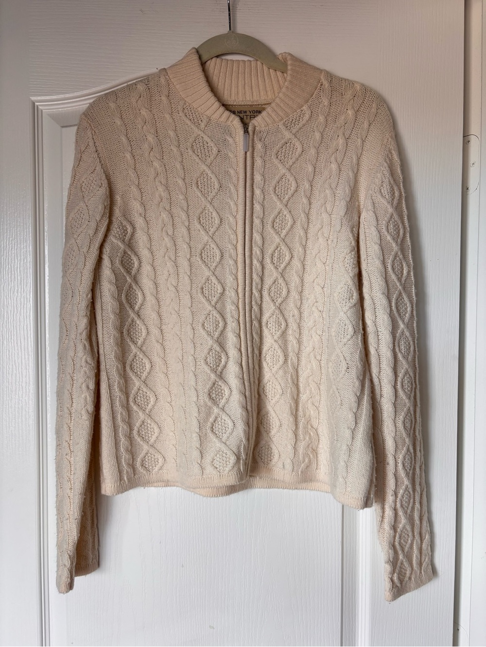 Vintage Jones New York Country Cream Cable-Knit Zip Cardigan Wool Blend Large